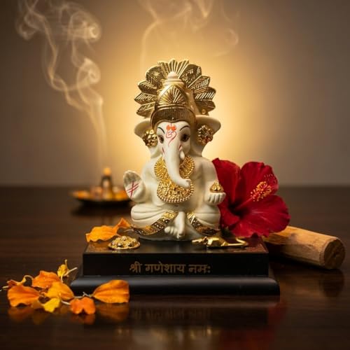 Image of Ganesha Idol for Home Decor | 4.5 Inch Golden Ganpati Murti | Resin Ganesh Ji Idol for Car Dashboard, Office Desk & Pooja Room | Vastu Decorative Statue (168g)