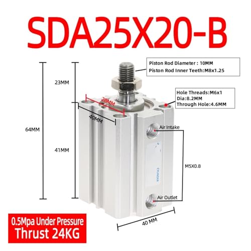 Cilindro neumático compacto SDA-B de 25mm con carrera de 20mm y rosca externa 3