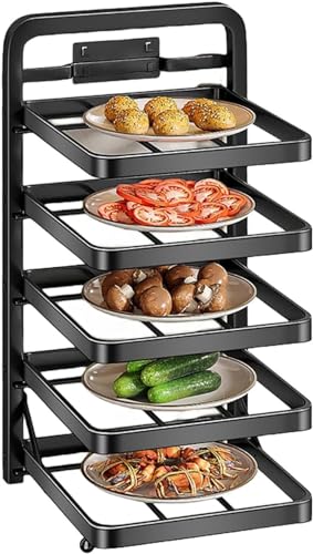 キッチン収納 野菜皿 キッチン折り畳み収納棚 多機能 食品準備トレイラック 収納 コーナーラック 多層 仕切り板高さ調整可能 野菜収納 折りたたみ式 キッチン 壁掛け おかず キッチン収納棚 耐荷重 簡単組立 防錆 (ブラック,5?)