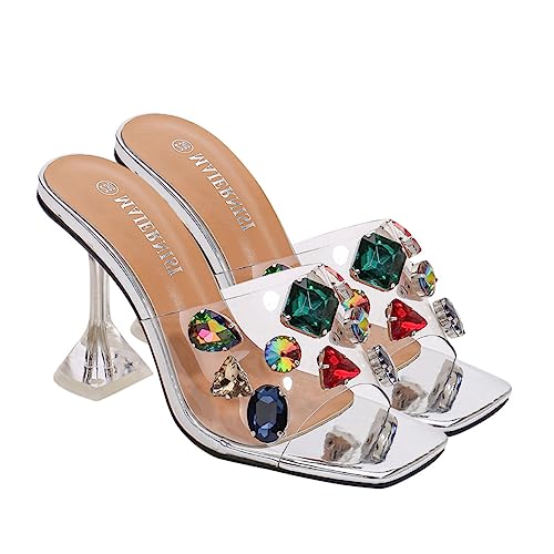 OATIPHO 1 Par Sandalias De Diamantes De Imitación Tacones De Fiesta Tacones De Diamantes De Imitación Mujer Zapatos Resbalones Pedrería Caminando Women Brillante Slip Interior: Pu Silver