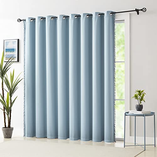 Image of Treatmentex 100% Blackout Curtain Blue Sliding Door Curtains Pom Pom Extra Wide Glass Door Curtains for Living Room Energy Efficient Thermal Patio Door Drapes Grommet Top 1pc 100x84 Light Blue