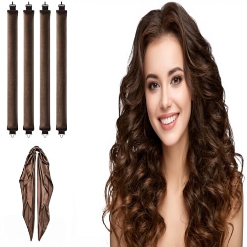 Heatless Curlers for Hair Velvet Overnight Rods 4 PCS Soft Foam Tubes for Long & Short Locks Gentle Wave Set with Satin Wrap for Comfortable Sleep and Smooth Bouncy Waves