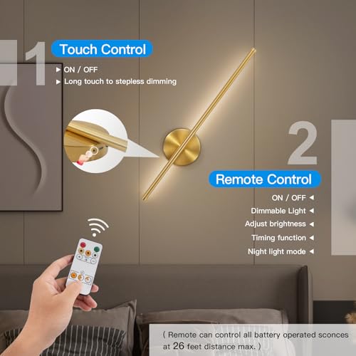TaoFiaCo Gouden Oplaadbare Wandlampen met Afstandsbediening - 60CM Moderne Wandlampen op Batterijen voor Binnen Geschikt voor Woonkamer en Slaapkamer - 3 Kleurtemperaturen Draadloze Wandlampen 2 pack