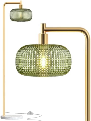 QiMH Gold Floor Lamp for Living Room, Mid Century Modern Standing Lamp Brass Tall Lamp with Green Glass Lamp Shade Marble Base, Vintage Retro Floor Lamps for Bedroom Home Decor