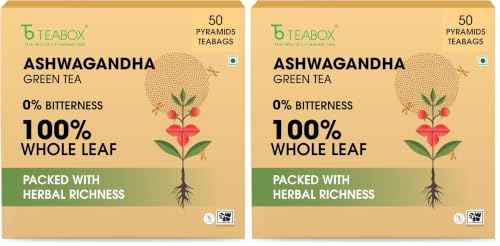 Image of Teabox Ashwagandha Green Tea 50 Teabags | Ayurvedic Blend of Premium Green Tea and Natural Ashwagandha | Silken Pyramid Teabags (Pack of 2)