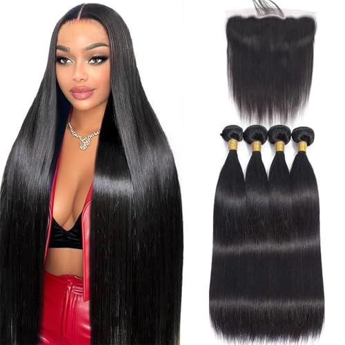 Yifute 16A Straight Bundles Human Hair with Closure 18 20 22 24+16 Inch 100% Unprocessed Brazilian Virgin Human Hair Weave 4 Bundles with Frontal 13x4 HD Lace Free Part for Women Natural Color