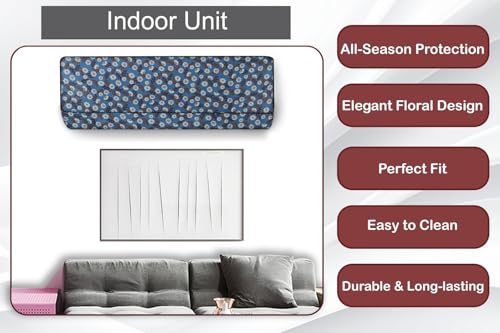 Image of The Furnishing Tree 1 Ton Split AC Cover for Indoor and Outdoor Units Floral Pattern Blueish Grey