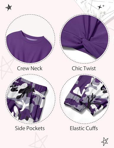 Image of NECIOUS Girls Fall Outfits 2 Piece Fashion Twist Front Pullover Sweatshirt and Camo Pants Clothing Sets 5-14Y