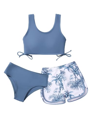 Image of Girl's 3 Piece Bikini Bathing Suit Printed Sport Swimsuits with Shorts Cove Up Sets Teen Girl's Swimwear