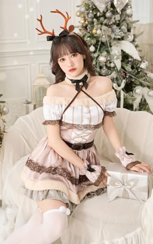 [Malymoon] コスプレ トナカイ クリスマス ツノ オフショル ワンピース 首輪 サンタ ミニスカート ニーハイ Xmas Christmas サンタコス けも耳 ミニワンピース ニーハイ コスプレ衣装 Christmas Xmas コスチューム 衣装 仮装 マリームーン 8点セット【s9618-2】 (ベージュ) 詳細画像5