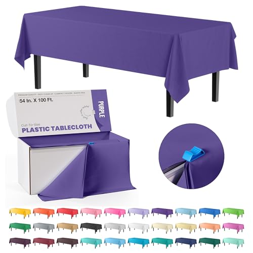 Image of Exquisite Party Solids 54 Inch X 100 Feet Purple Plastic Table Cover Roll in A Cut - to - Size Box with Convenient Slide Cutter. Cuts Up to 12 Rectangle 8 Feet Plastic Disposable Tablecloths