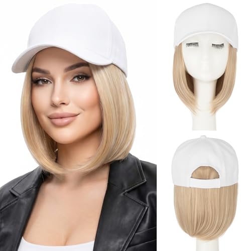 SEGO Baseball Cap with Hair Extensions for Women Synthetic Hair Attached Short Straight Hairpiece White Baseball Cap Wig Adjustable Hat Wigs for Women 6 Inch 85P613 Light Blonde Mix Bleach Blonde