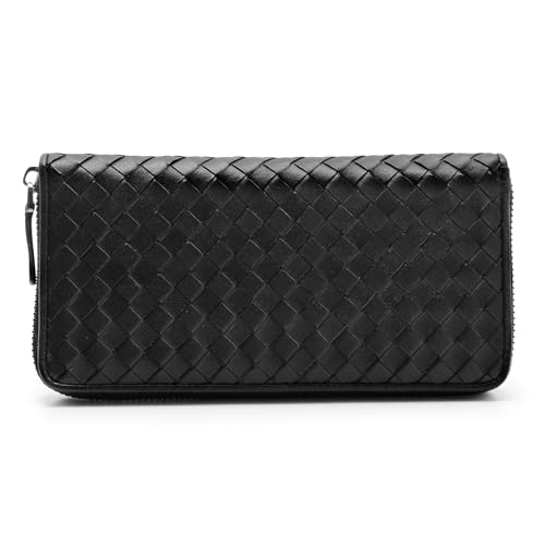 2R Braided Genuine Leather Zipper Wallet, Soft Lambskin, Woven Design (Black)