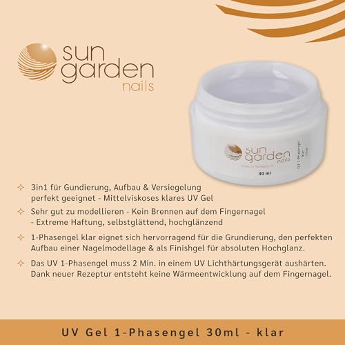 Sun Garden Nails - UV Gel 1-Phasengel 30 ml - klar - All in One Gel - 3 in 1 UV Gel für Grundierung, Aufbau und Versiegelung für kreative Nagelmodellage