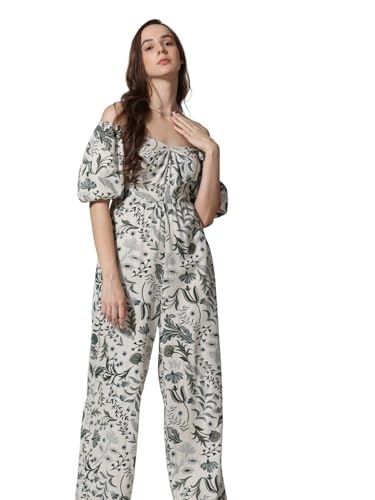 Image of ONLY Floral Printed Square Neck Puff Sleeves Cotton Basic Jumpsuit