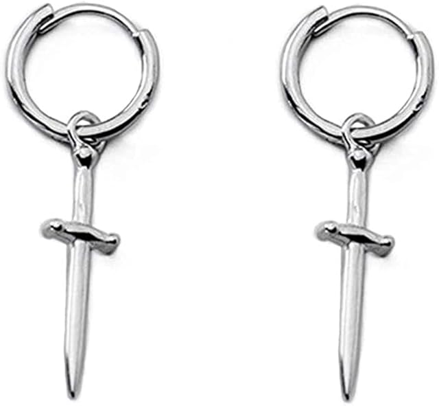 Simple Dangle Knife Small Hoop Cuff Drop Earrings for Women Men Boys Girls Personalized Sterling Silver Huggie Hinged Cute Cartilage Hypoallergenic Charm Dagger Little Hoops for Her Bff Boyfriend 9mm