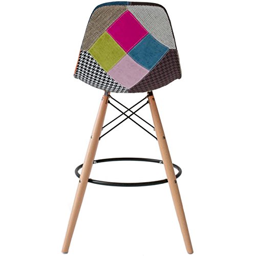 2Xhome Set Of 2 Modern 28" Plastic Barstools With Wooden Dowel Legs, Contemporary Armless Counter Stools With Back And Footrest, Upholstered Patchwork Sam #TOP5