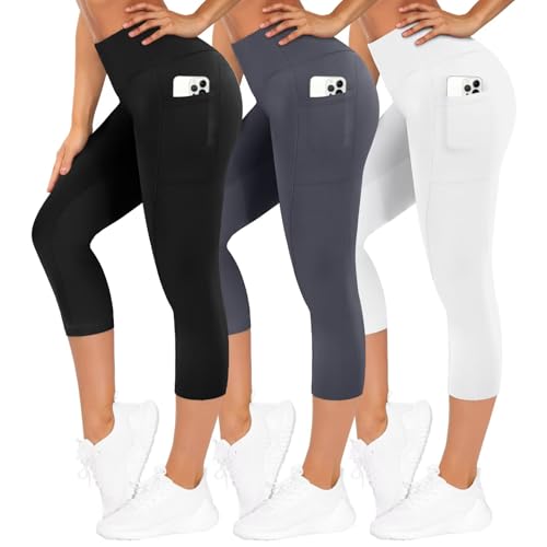 TNNZEET 3er Pack Leggings Damen 3/4 mit Taschen Capri für Sport, High Waist 7/8 Caprihose Sporthose für Gym(Schwarz/Dunkelgrau/Weiß,L-XL) TNNZEET 3er Pack Leggings Damen 3/4 mit Taschen Capri für Sport, High Waist 7/8 Caprihose Sporthose für Gym(Schwarz/Dunkelgrau/Weiß,L-XL)