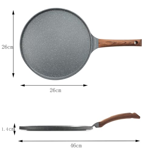 SENSARTE Non Stick Crepe Pan, Dosa Pan Die-cast Auluminium Pancake Flat Skillet Tawa Griddle 26cm with Stay-Cool Handle, Induction Compatible, PFOA Free
