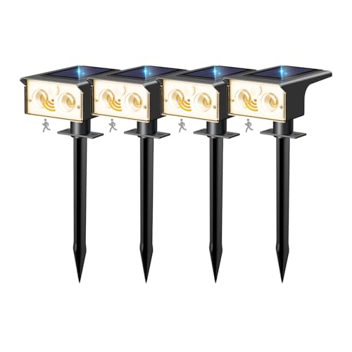 btfarm – Juego de 4 lámparas solares para exterior, detectores de movimiento, luz exterior potente, 3 modos de foco solar IP65 impermeable de iluminación, proyector solar para jardín, caminos, blanco