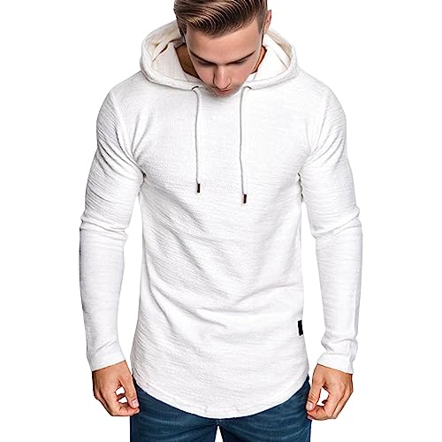 Image of Generisch Men's Hooded Pullover with Irregular Hem, Long Sleeve Sweatshirt for Summer, Casual Look, Breathable Blended Fabric, White, L