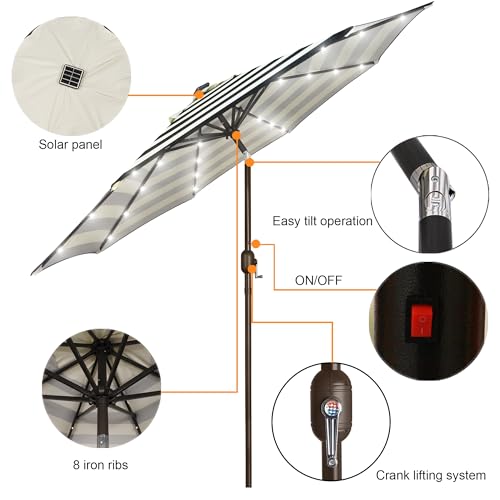 Image of Blissun 9 ft Solar Umbrella, Patio Umbrella with 32 LED Lights, Table Market Umbrella, Outdoor Umbrella for Garden, Deck, Backyard, Black & Beige