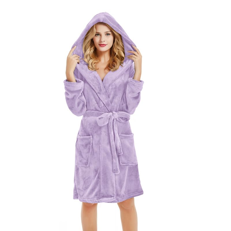 Image of U2SKIIN Women Hooded Fleece Robe, Short Plush Robes for Womens With Hood Soft Warm Spa Bathrobe