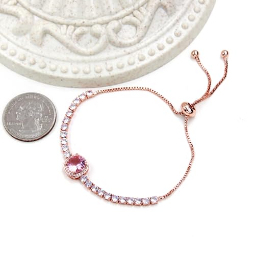 Image of Rose Plated Gold Brass Box Chain Cubic Zirconia Classic Tennis Slider Adjustable Bracelet, Round Big Zircon Charm Give Woman Mom Mother's Day Fashion Crystal Gift