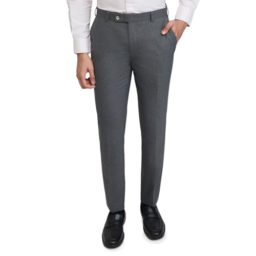 Image of Raymond Men Slim Fit Structure Pattern Polyester Blend Flat Front Formal Trouser Dark Grey