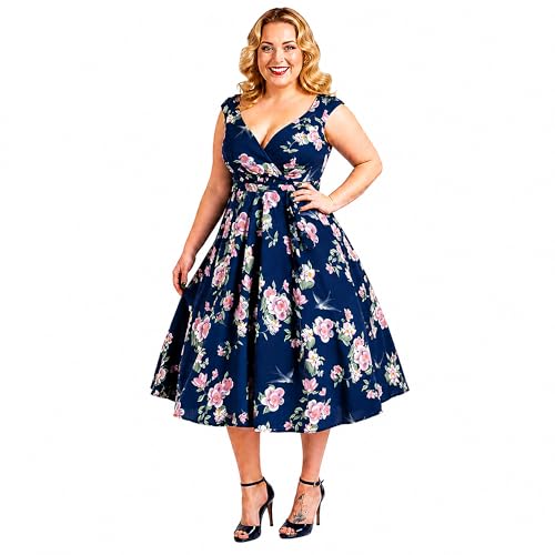 Miss Lavish London Women's Navy Floral Swing Dress, 1950s Rockabilly Swing Dress, Vintage Fit and Flare Midi Dress, V Neck Party Dress for Wedding Guest, Cocktail, Summer & Holiday Dresses