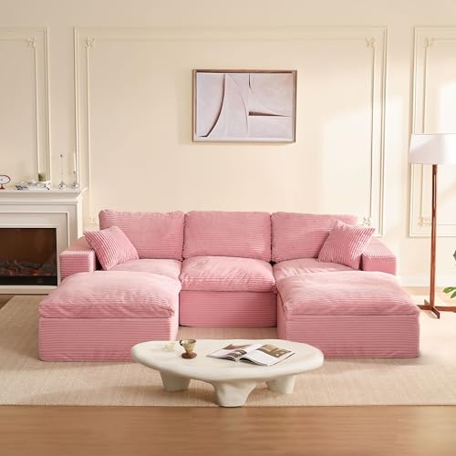 Afuson 106.3” U-Shaped Modular Couch, Pink Corduroy