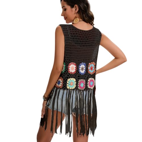 Women Tassels Crochet Hollow Out Vest Sleeveless Fringe Boho Handmade Cardigan Beachwear4