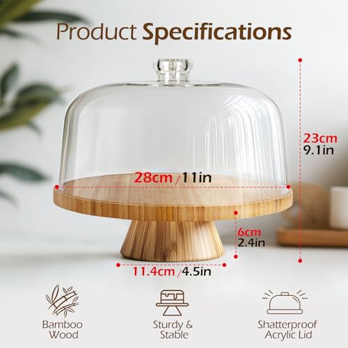 MASTERTOP Cake Stand with Dome Cover - 6 in 1 Cake Stand with Lid, Multi-Functional Wood Serving Platter/Cake Plate/Salad Bowl/Nachos/Punch Bowl, Wedding Cake Stands for Dessert Table - Thumbnail 2