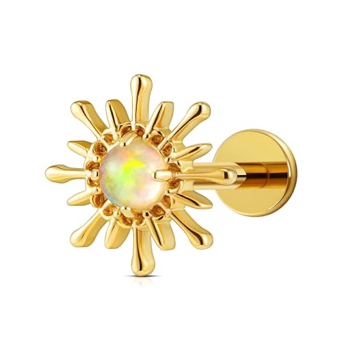 FINE4U Gold Flat Back Stud for Conch Helix Tragus Flat 16G 6mm 8mm - ASTM F136 Titanium Cartilage Earring, Piercing Jewelry, Labret, Hypoallergenic, Screw on