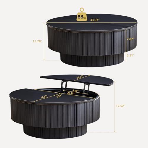 Image of 33 inch Round Coffee Table with Lift-Top & Flip-Top Storage, Modern Accent Fluted Coffee Tables with Metal Frame, Wooden Circle Center Table for Living Room Small Space Apartment Office (Black)