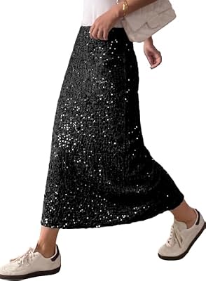 BLENCOT Sequin Skirt for Women Bodycon Midi Skirt Back Slit Black X-Large