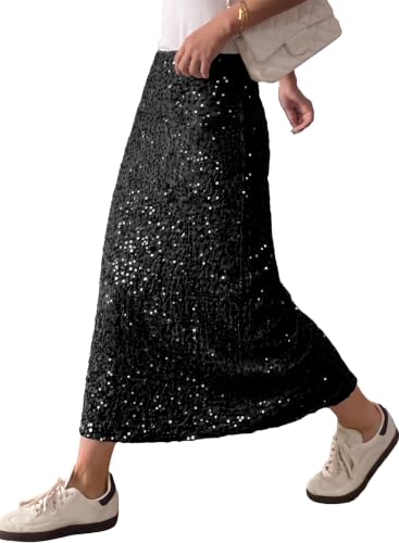 BLENCOT Sequin Skirt for Women Bodycon Midi Skirt Back Slit Black X-Large