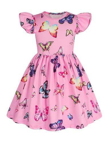Image of Jurebecia Girls Dress Flutter Sleeve Butterfly Sundress Round Neck Dress Casual Party Kids Summer School Dresses Pink 3-4 Years