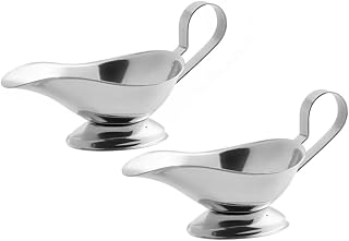 Soro Essentials 3 oz Stainless Steel Gravy Sauce Boats Set of 2 - Dripless Spout, Gadroon Base, Loop Handle for Sauces Dressings
