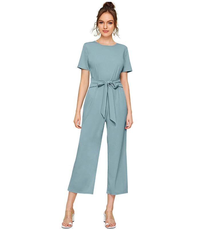 Women's Knitting Stretchable Solid Round Neck Cap Sleeve Jumpsuit (Pista, S)-PID56807-picture-12