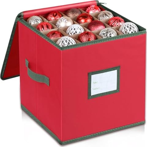 Attmu Christmas Ornament Storage Box with Dividers, Christmas Ornament Storage Container, 64 Christmas Ball Storage Box for Xmas Holiday Decorations (Red) Cover