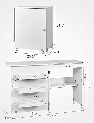 Kealive Foldable Sewing Table, Sewing Craft Cart with Adjustable Storage Shelves and Lockable Casters, Easy Assemble Multi-Function Wood Sewing Desk for Small Space, White