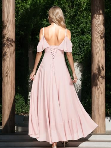Cold Shoulder Bridesmaid Dresses for Women 2024 Chiffon Ruffle A-Line Hi-Lo Formal Evening Gowns V-Neck Open Back3