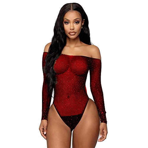 SAKUXI Sparkle Rhinestone Fishnet Bikini Long Sleeve Teddy Lingerie Bodysuit Perspective Hollow Out (Red)