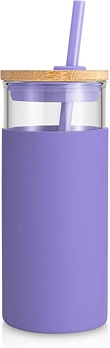 Miniatura 69 de Tronco - Vaso de vidrio de 20 onzas con tapa de bambú y pajilla, vaso para licuado de frutas con funda de silicona, sin bisfenol A, apto para