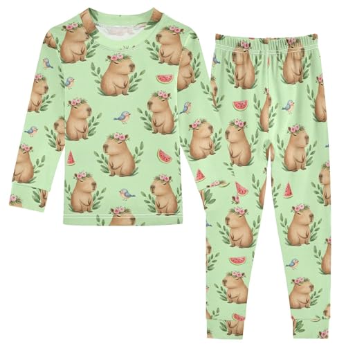 Pajama Sets Long Sleeve Cute Capybara with Flowers Pattern Soft Comfy Sleepwear 2 Piece PJS 3-8T