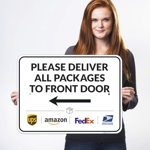 Package Delivery Sign, Delivery Instructions Deliver All Package to Front Door Left Arrow Sign, 18x24 Inches, Rust Free .063 Aluminum, Fade Resistant, Made in USA by Sigo Signs