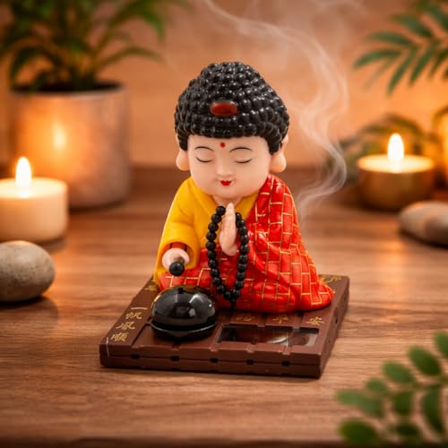 Image of CraftVatika Buddha Solar Powered Moving Head and Hand Sitting Buddha Feng Shui Items for Good Luck, for Money, Home Decor Items, Show Pieces for Home Decor | Car Dashboard | Home Office Desk