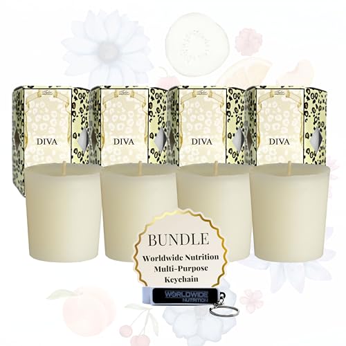 Worldwide Nutrition Bundle: Tyler Candle Company Diva Votive Candles - Luxury Scented Candle with Essential Oils - 4 Counts of 2 oz Small Candles and Multi-Purpose Key Chain