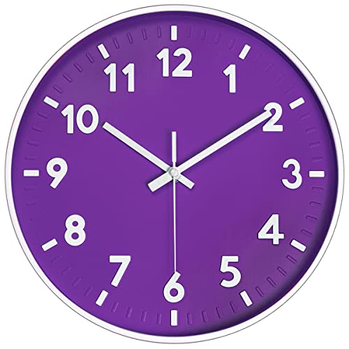 JENLYSTIME 12インチ 3D数字 モダン 壁時計 ラウンド 明るい カラフルな文字盤 カチカチ音がしない サイレントクォーツ 電池式 壁掛け時計 読みやすい シンプルなスタイル 装飾時計 寝室 キッチン用 (パープル)の商品画像（Amazon）